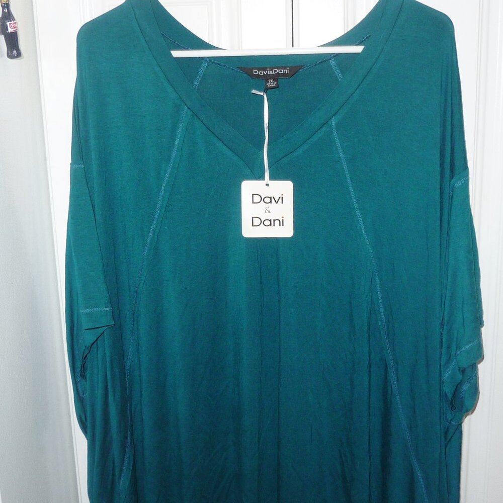 NWT Davi & Dani Gorgeous Teal Hi Lo Tunic Dolman Sleeves 2XL RUNS VERY GENEROUS